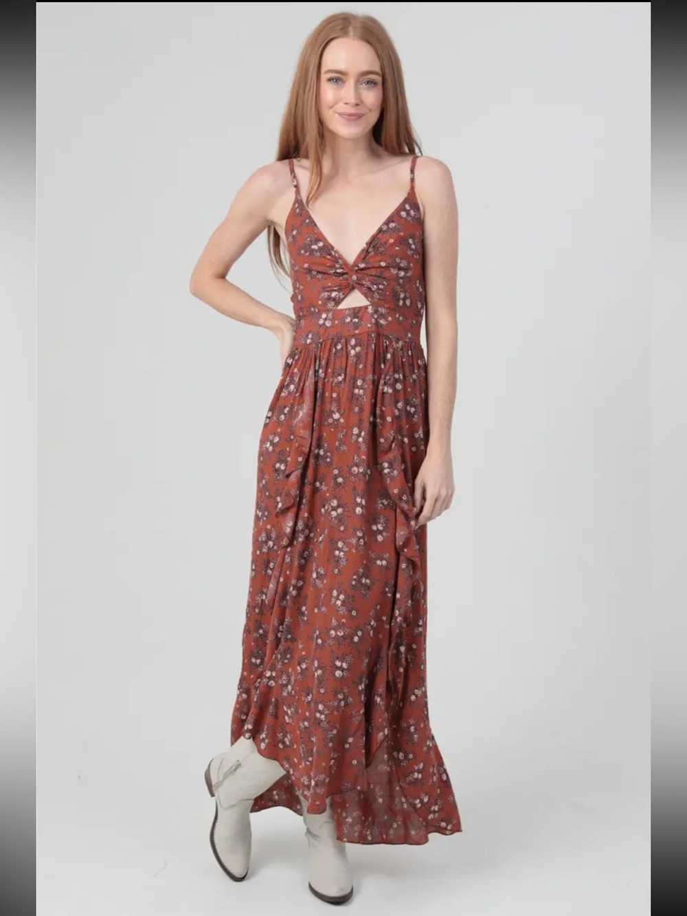 Angie Rust Floral Twist-Front & Ruffle Design Maxi Dress
